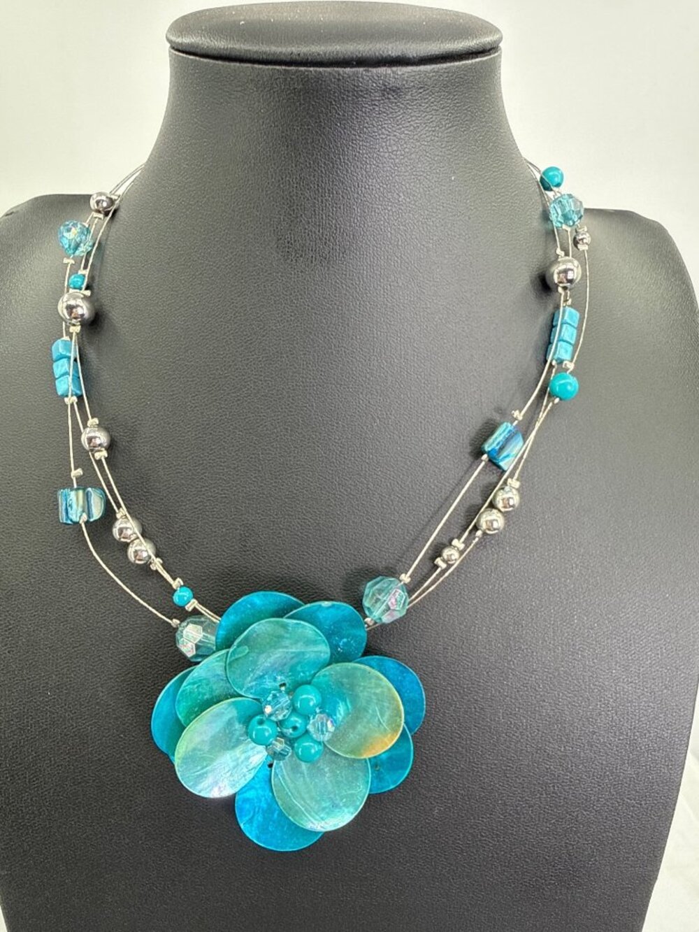 Y2K Mermaidcore Turquoise Shell Flower Necklace Multi Strand Illusion Statement